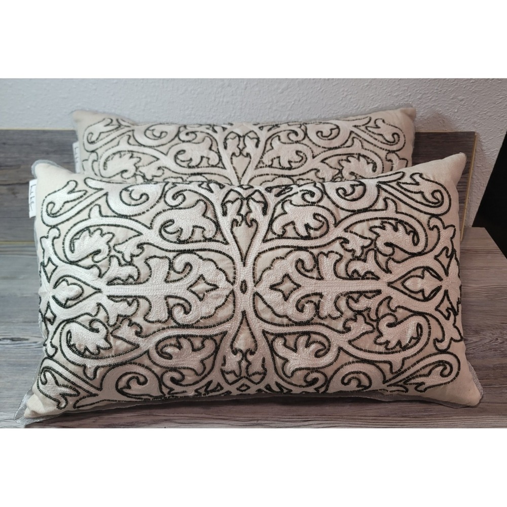 Nicole Miller Beaded Throw pillow set of two. rectangle sand with gray bead work